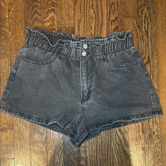 Women's Paperbag Black Denim Shorts - Picture 1 of 4